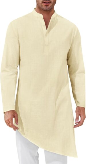 Runcati Mens Kaftan Robe Thobe Cotton Long Sleeve Henley Shirt Casual Muslim Gown Kurta Tops