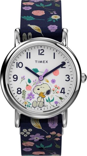 Timex Womens Watch Peanuts Weekender Casual Ladies Wristwatch - Featuring Snoopy and Woodstock in a Floral Motif, Silver-Tone Case with Blue Fabric Strap (31mm)