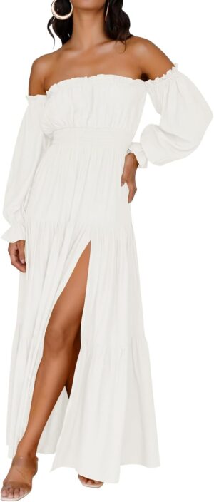 ZESICA Women's 2025 Boho Sexy Off Shoulder Long Sleeve Smocked High Waist Side Split Flowy A Line Tiered Long Maxi Dress