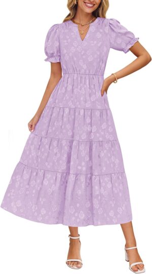 ZESICA Womens 2025 Summer Puff Short Sleeve Midi Dress V Neck Floral Textured Ruffle Flowy Beach Party Dresses