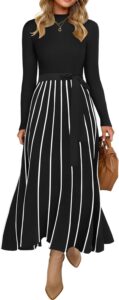 ZESICA Womens Spring Turtleneck Long Sleeve Sweater Dress Tie Waist Casual Loose Ribbed Knit A Line Midi Dresses