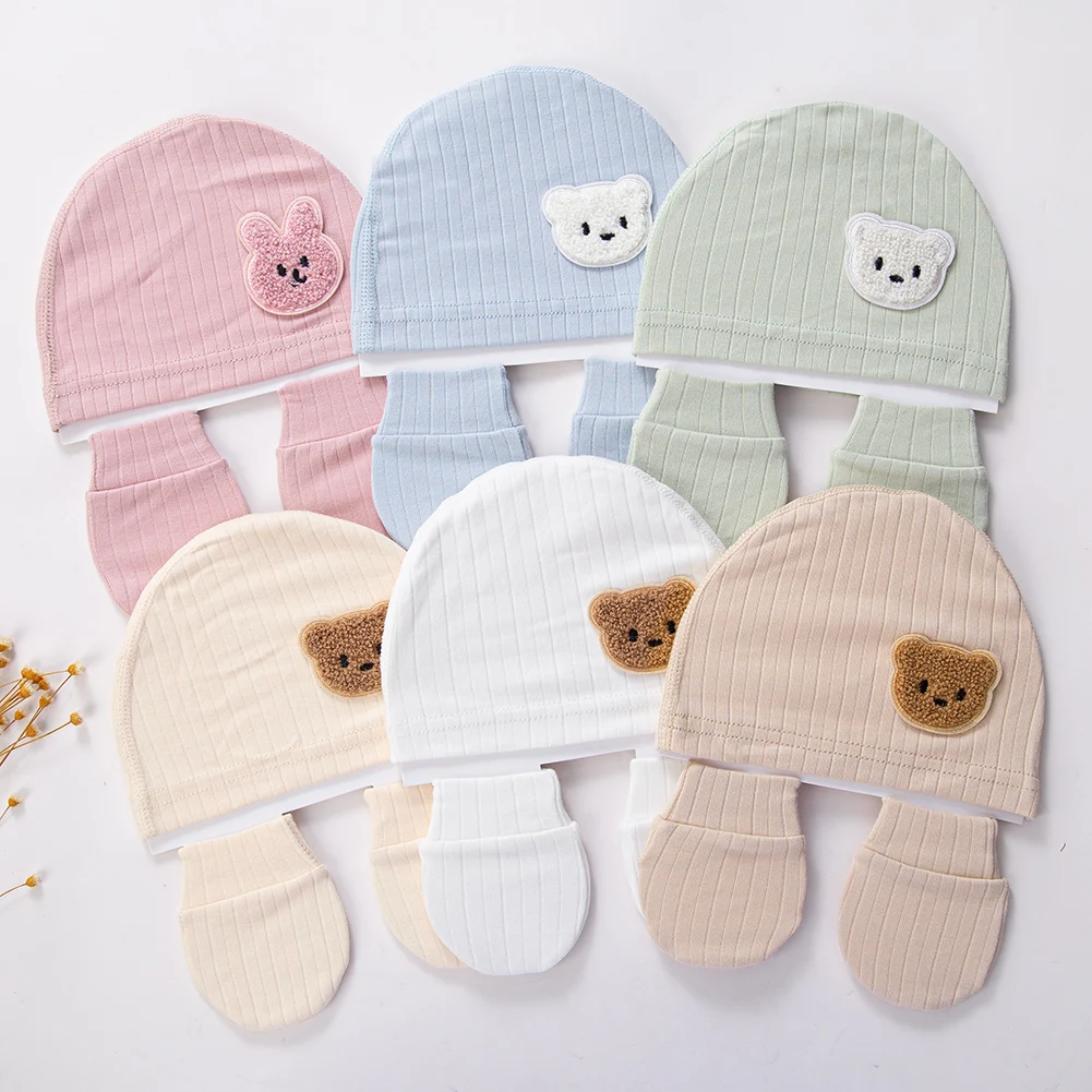 3Pcs/set Cotton Newborn Hats Caps Mittens Foot Cover Infant Felt Cute Bear Headwraps Baby Gloves Socks 0-3M Beanies