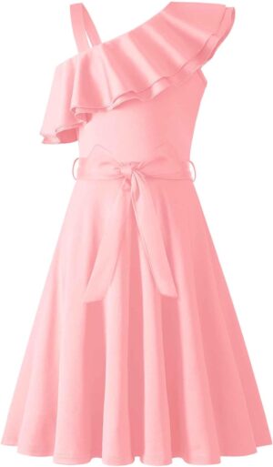 Arshiner Girls Dress One Shoulder Formal Ruffle Trim Birthday Party Dresses with Belted Pockets for 5-12 Years