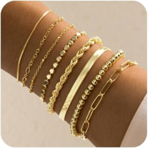 Gold Bracelets for Women, 14K Real Gold Plated Stackable Bracelet Set, Trendy Jewelry for Women, Adjustable Dainty Jewelry Gifts for Women
