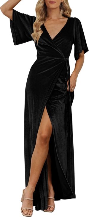 MEROKEETY Women's V Neck Wrap Velvet Maxi Dress Bell Sleeve Split Bridesmaid Cocktail Party Dresses