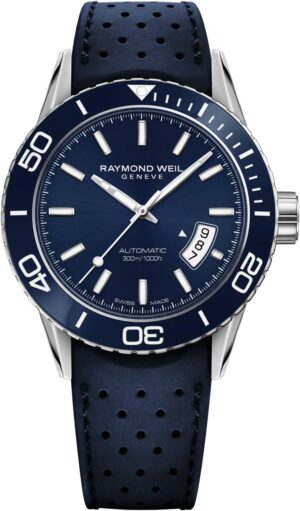 Raymond Weil Freelancer Diver Men's Automatic Watch, Analog Display, Blue Dial with Indexes, Blue Genuine Rubber Strap, 42 mm (Model: 2760-SR3-50001)