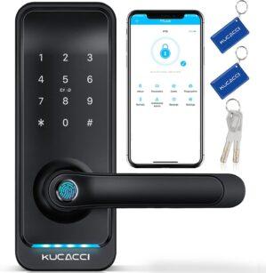 Smart Door Lock with Handle: Kucacci Keyless Entry Digital Door Lock for Front Door - Fingerprint Keypad Smart Dnob - Generate Passcode Remotely - App Control - Easy Installation(Black)