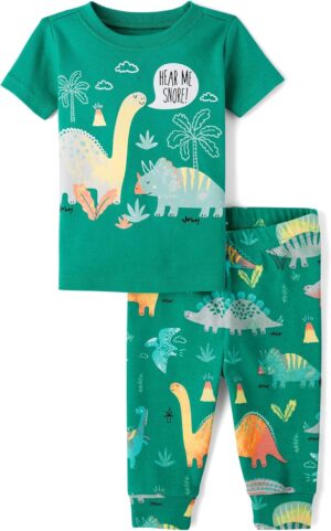 The Children's Place,Baby Boys,and Toddler Snug Fit 100% Cotton Short Sleeve Top and Pants 2 Piece Pajama Set,Dinos Green,6 Years