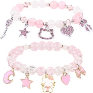 YUZHEJIE Cute Kitty Bracelet Stuff Kawaii Set Crystal Bead Elastic Friendship Bracelets Birthday Christmas Jewelry Gifts for Women Girlfriend Best Friend Sister