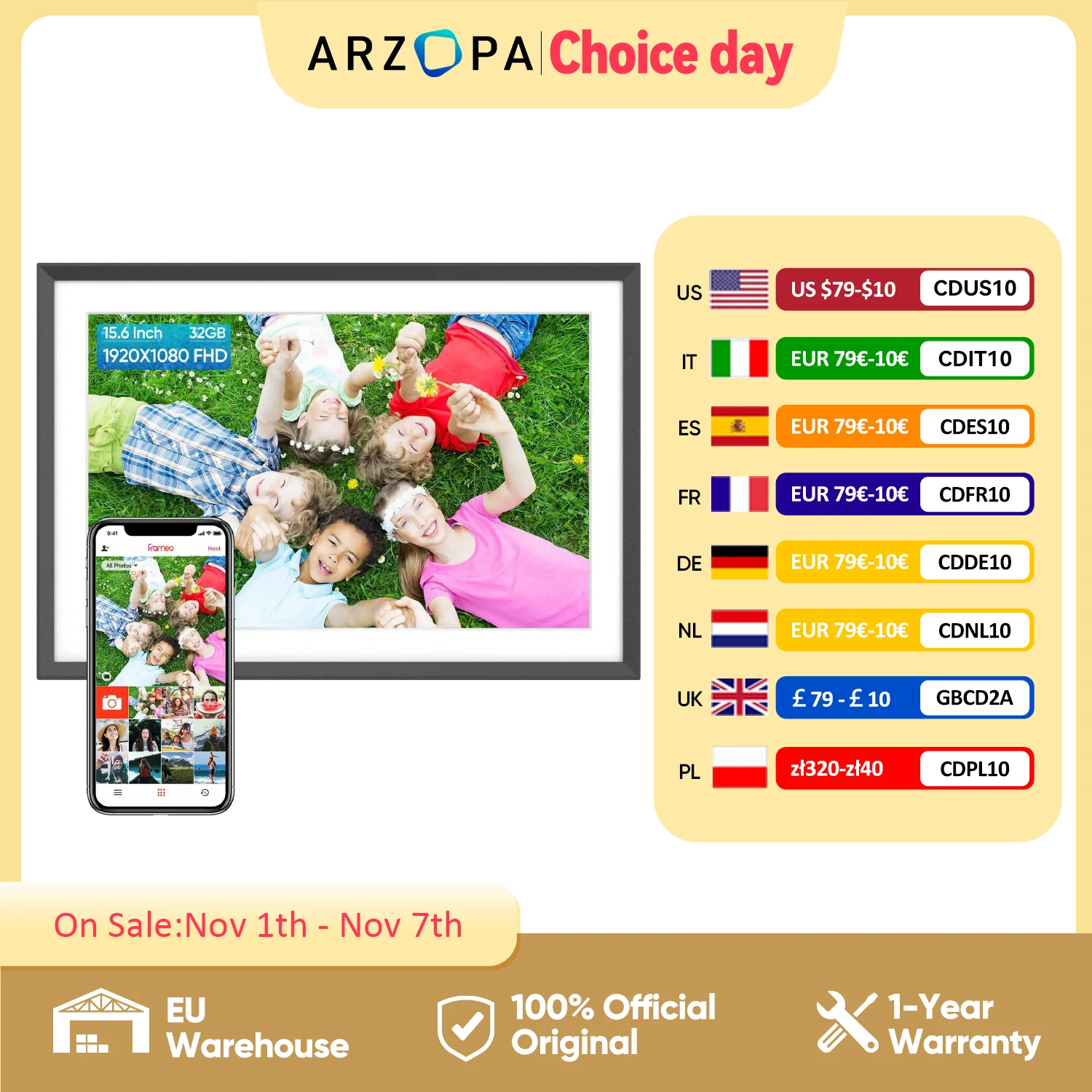 ARZOPA Digital Picture Frame 15.6" Large Wifi Digital Electronic Photo Frame with 32GB Storage, 1920x1080 FHD Touch Screen