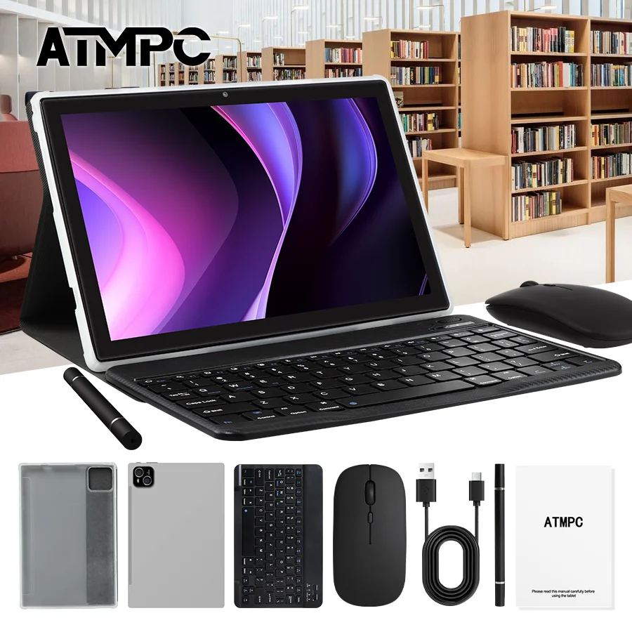 ATMPC 10.1 Inch Android 14, 12GB RAM, 128GB ROM, Octa-Core, BT 5.4, WIFI 6, With Keyboard, Mouse, Case, Stylus 2 In 1 Tablet PC