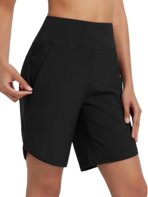 baleaf Women's 9" Long Swim Board Shorts with Zipper Pockets High Waisted Tummy Control Beach Shorts with Liner