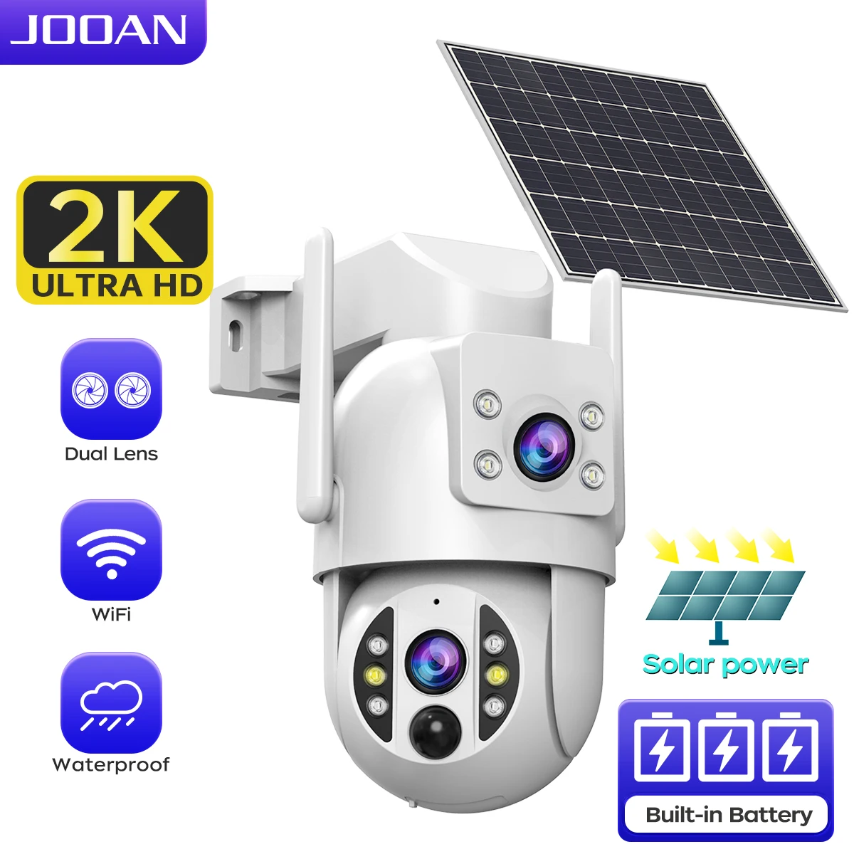 JOOAN 2K Wireless Solar Battery IP Camera Outdoor Dual Lens PIR Night Vision 2-Way Audio Wifi CCTV Monitor Video Surveillance