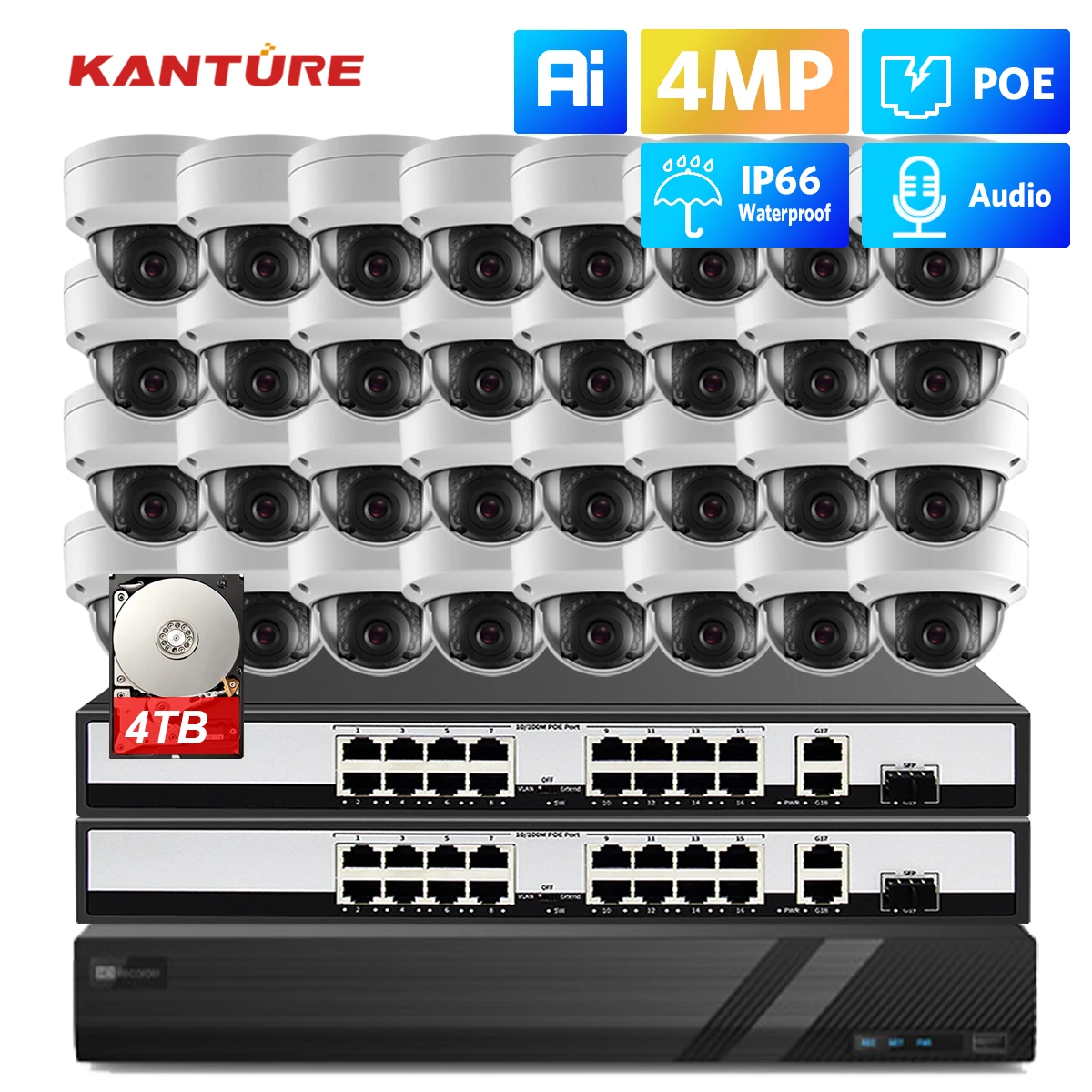 KANTURE 32CH 4K NVR With 2K 4MP Ai Human Detection POE Security Camera System Audio Indoor Outdoor CCTV Video Surveillance Kit
