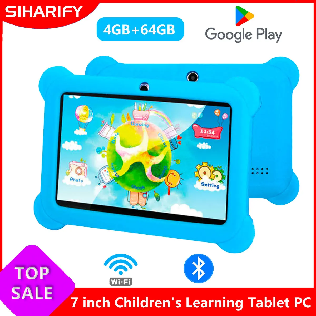 Learning Tablet for Kids Android 14 Toddler Educational Toy Gift for Children HD Dual Cameras 7 Inch 4GB 128GB Kids Tablets PC