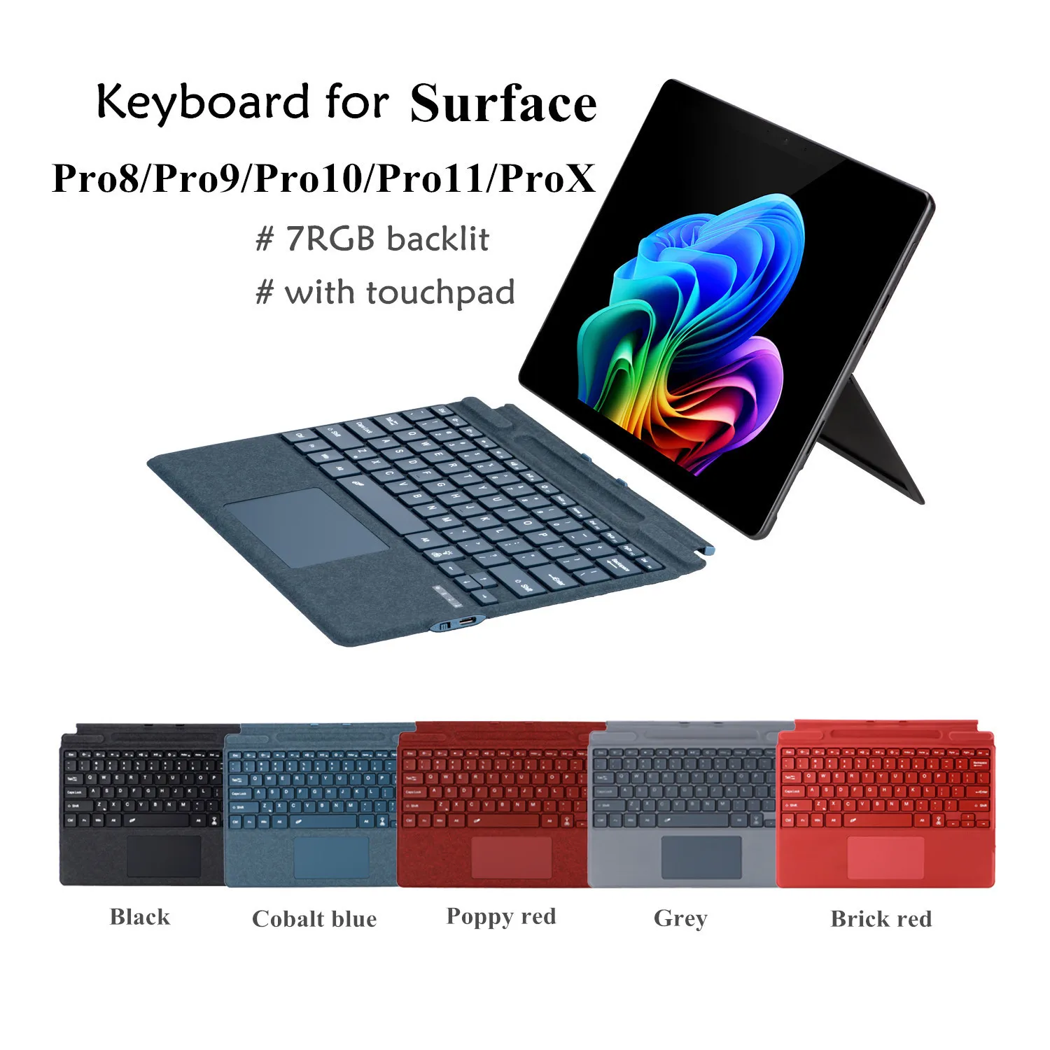 Magnetic Keyboard for Microsoft Surface Pro 8/ 9/ 10/ 11/ X Colorful Backlit Dark gray Magnetic Connectivity Bluetooth Keyboard