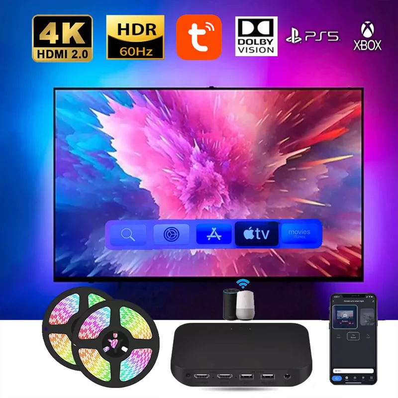 Smart Ambient TV Led Backlight For 4K HDMI 2.0 Device Sync Box Led Strip Lights Kit Wifi Alexa Voice Google Assistant Control