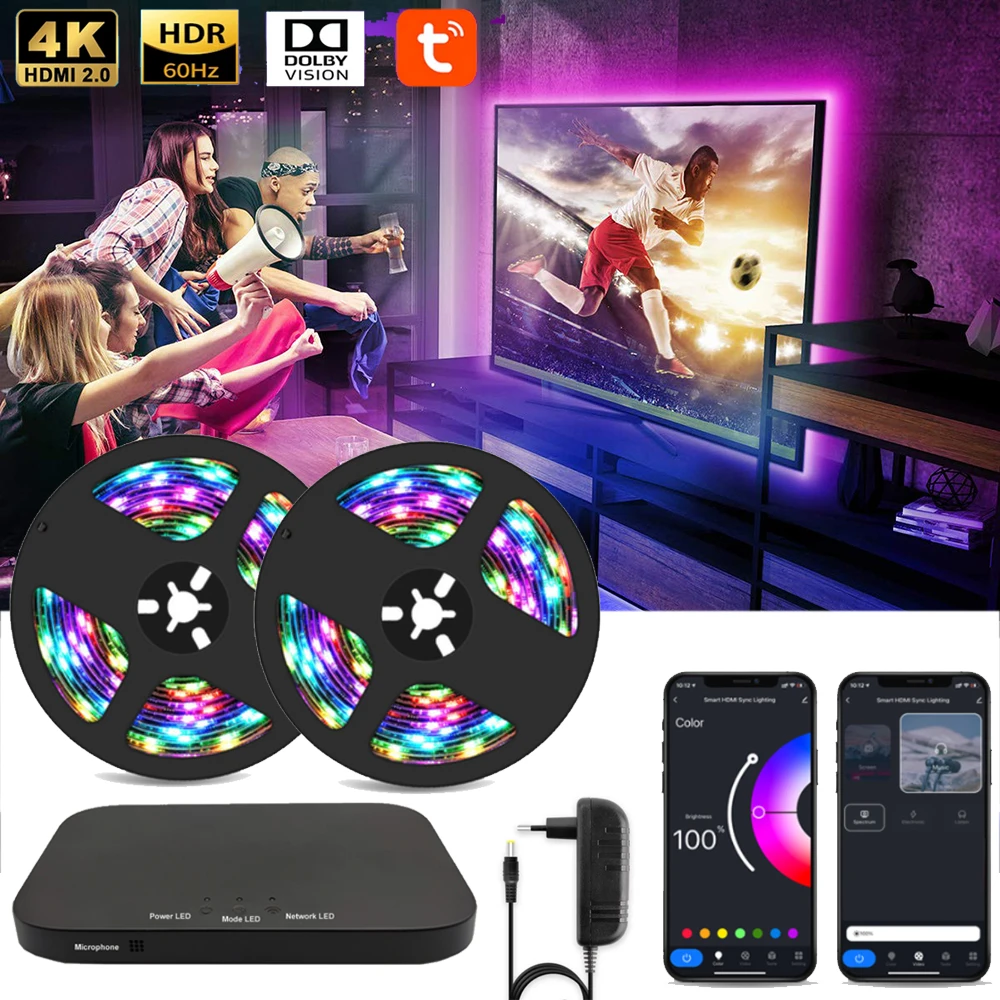 Tuya Wifi Smart Ambient TV Led Backlight For 4K HDMI 2.0 Sync Box 60leds/m Led Strip Lights Kit for Alexa Voice Google Assistant