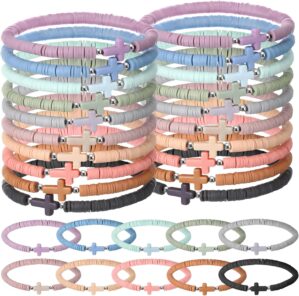30 Pcs Cross Bracelets Bulk Jesus Bracelets Handmade Elastic Colorful Polymer Clay Beaded Religious Wristbands Christian Wristbands for Women Kids First Communion Sunday Easter