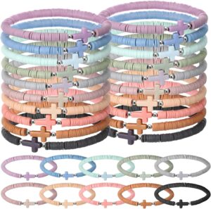 30 Pcs Cross Bracelets Bulk Jesus Bracelets Handmade Elastic Colorful Polymer Clay Beaded Religious Wristbands Christian Wristbands for Women Kids First Communion Sunday Easter