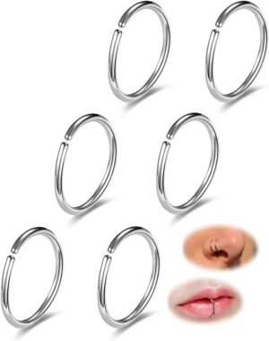6-12PCS Stainless Steel Nose Ring Hoop Set for Men Women Cartilage Earring Double Hoop, 18G-22G, Black/Gold/Silver, Hypoallergenic Piercing Jewelry for Nose, Septum Cartilage