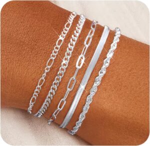 Dainty Silver Bracelets for Women Trendy - Waterproof Stackable Silver Bracelet Set - Perfect for Stylish Women