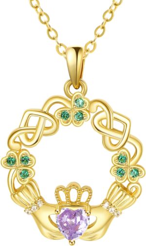 Dreamboat Sterling Silver Claddagh Necklace for Women Celtic Knot Irish Necklace Clover Shamrock Necklaces Birthstone Necklace Luck ST Patricks Day Jewelry Gift for Mom