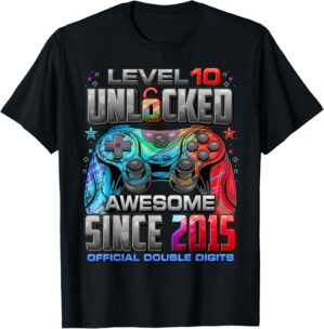 Level 10 Unlocked Awesome Since 2015 10th Birthday Gaming T-Shirt