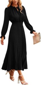 PRETTYGARDEN Women’s 2025 Spring Fall Midi Dress Casual Long Sleeve V Neck Swiss Dot Pleated A Line Flowy Dresses