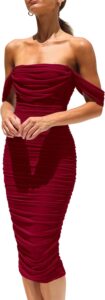 PRETTYGARDEN Women’s Summer Off The Shoulder Dresses Sleeveless Ruched Fitted Cocktail Party Club Midi Bodycon Dress