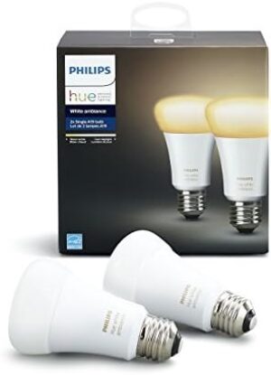 Philips Hue White Ambiance 2-Pack A19 60W Equivalent Dimmable LED Smart Light Bulbs, 2 Smart Bulbs, Works with Alexa, Apple Homekit, and Google Assistant, (California Residents)