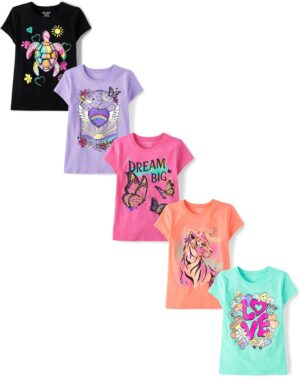 The Children's Place Girls' Assorted Everyday Short Sleeve Graphic T-Shirts, Multipack