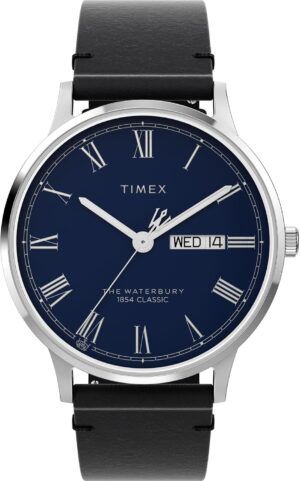 Timex Men's Waterbury Classic 3 Hand 40mm Watch - Black Strap Blue Dial Stainless Steel Case