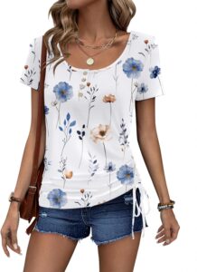 Womens Tops Short Sleeve Summer Henley Shirts Scoop Neck Ruched Blouses Dressy Casual Tunic Tops
