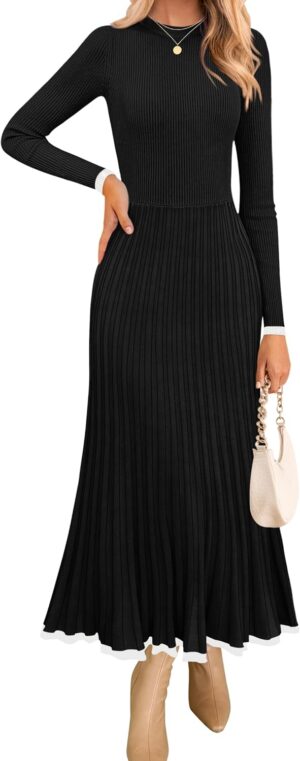 ZESICA Women's Long Sleeve Sweater Dress Fall Crewneck Ribbed Knit Pleated A-Line Maxi Wedding Guest Dresses
