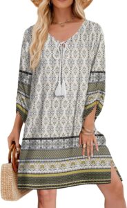 Zeagoo Womens Boho Dresses Casual Beach Summer Dress Tassel Tie Neck 3/4 Long Sleeve Mini Sundress 2025 Floral Print Cover Up