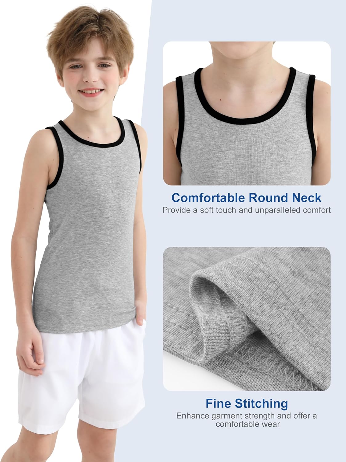 Poroka 5 Pack Boys' Tank Undershirt Sleeveless Tank Tops Assorted Colors Round Neck Cotton Tank Tops - Image 3