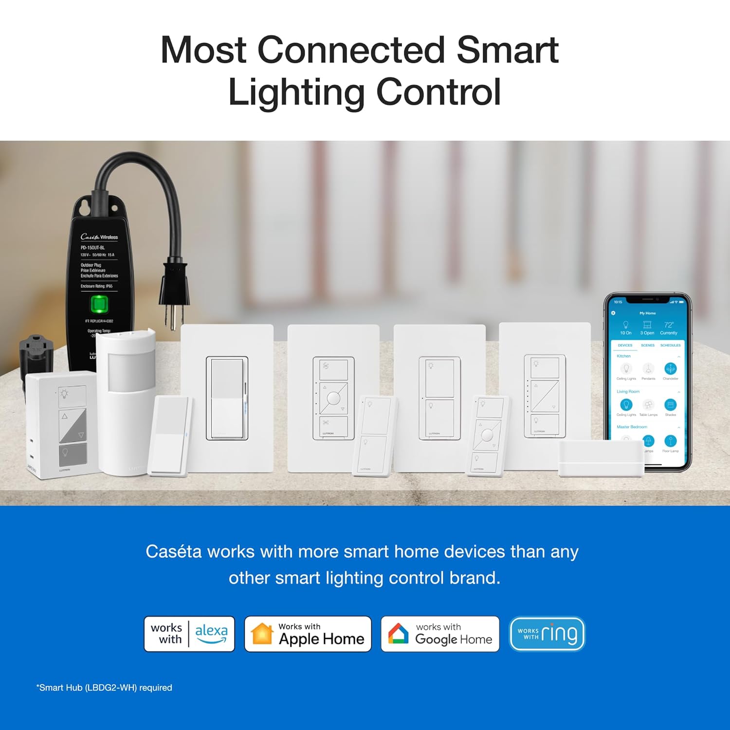 Lutron Caseta Original Smart Dimmer Switch Kit w/ Hub, with Pico Remote, Wallmount Bracket, & Smart Hub, Works with Alexa, Apple Home, Google Home, 3 Way, 150W, No Neutral Req, P-BDG-PKG1W-A - Image 4