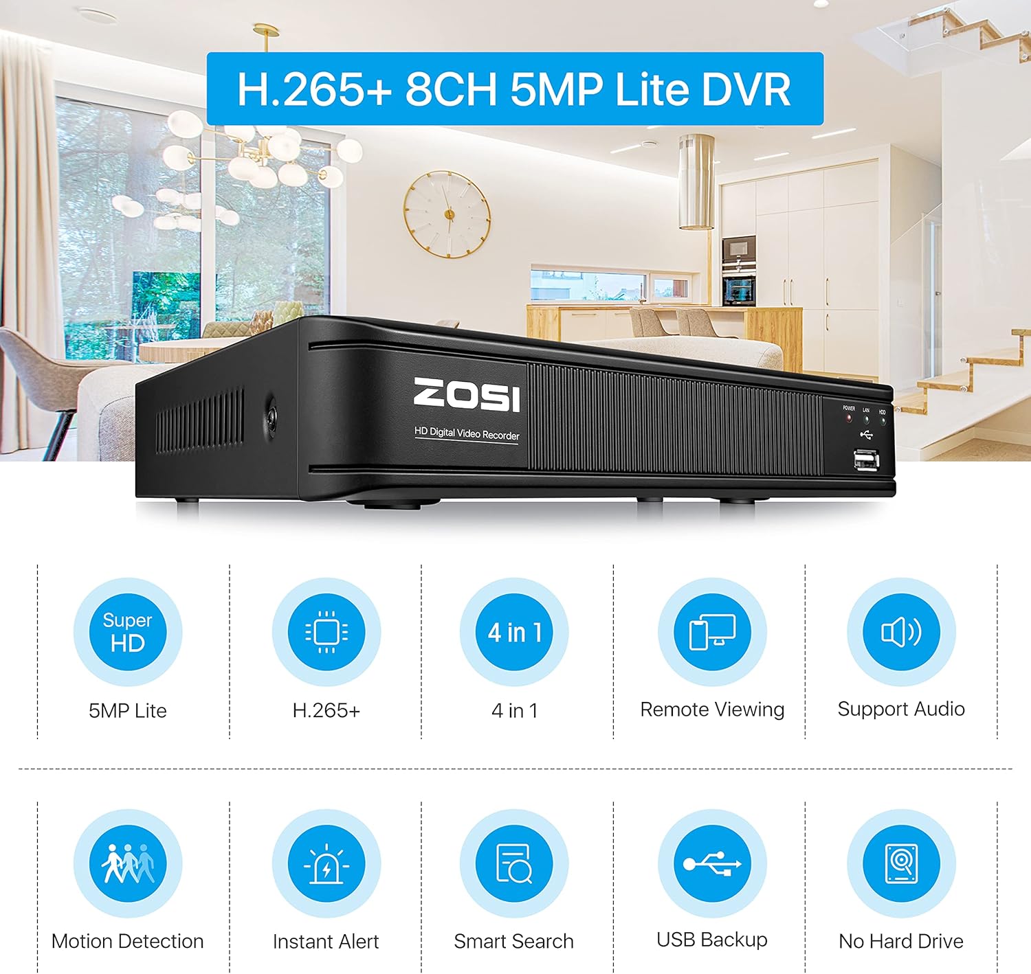 ZOSI H.265+ 8 Channel 5MP Lite 1080p CCTV DVR Recorder Without HDD, Hybrid Capability 4-in-1(Analog/AHD/TVI/CVI) Surveillance DVR for Security Camera, Remote Access, Motion Detection, Alert Push - Image 3