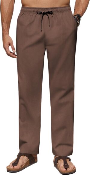 COOFANDY Men's Casual Linen Pants Elastic Waist Drawstring Beach Summer Pants Lightweight Linen Trousers