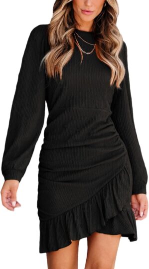 CUPSHE Women Knit Ruched Summer Dress Smocked Ruffle Hem Crew Neck Long Sleeve Bodycon Sexy Casual Holiday Mini Dress