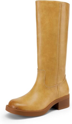 DREAM PAIRS Womens Knee High Boots Square Toe Platform Chunky Block Heel Banana Campus Boots for Women Comfortable Low Heel Side Zipper Womens Riding Tall Boots