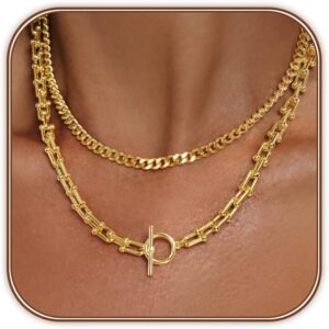 Gold Necklace for Women Layered 14k Plated Tendy Chunky Gold Necklace Cuban Link Choker Paperclip Chain Stackable OT Toggle Clasp Hypoallergenic Fashion Chunky Statement Jewelry Gifts for Women
