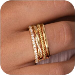 Gold Stackable Rings for Women Non Tarnish - Dainty 18K Gold Plated Stackable Thin Rings Cubic Zirconia Thumb Ring Set Trendy Statement Promise Wedding Bands Engagement Ring for Women Size 5-10