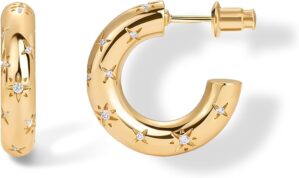 PAVOI 14K Gold Plated Star Shine Hoop Earrings for Women | Cubic Zirconia Celestial Chunky Hoops Earrings