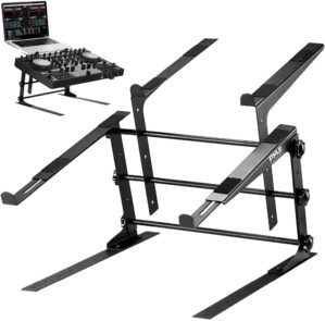 Pyle Portable Dual Laptop Stand - Standing Table with Adjustable Height, Ergonomic Design & Anti-Slip Prongs for DJ Mixer, Sound Equipment, Workstation, Gaming & Home Use - PLPTS38, Black
