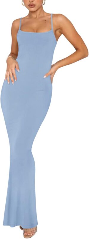 REORIA Women's Basic Sexy Lounge Slip Long Dress Elegant Sleeveless Backless Ribbed Bodycon Maxi Dresses