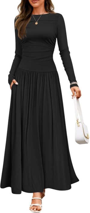 ZESICA Women's Long Sleeve Spring Maxi Dress 2025 Crewneck Knit Casual Slim Swing Pleated Dresses with Pockets