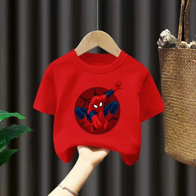 Marvels Spidermans T-shirt New Boys Summer Red Fashion Tees Anime Action Figures Tops Children Clothing Short Sleeve Kids Gift