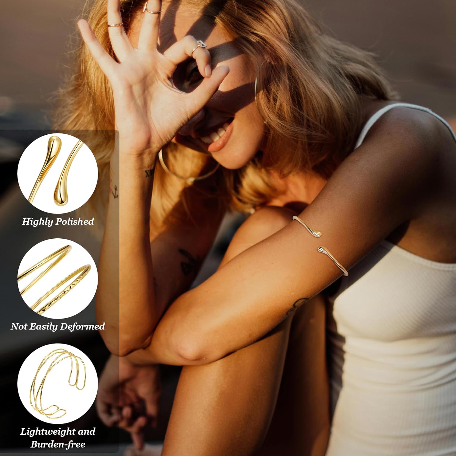 3Pcs Arm Cuff for Women Boho Coil Arm Cuff Bangle Set Adjustable Minimalist Gold Coil Upper Arm Bracelet - Image 4